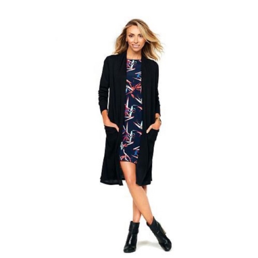 G by Giuliana Black Ribbed Knit Long Line Cardigan Sweater